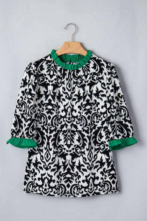 Bohemian Damask Print Ruffled Contrast Trim Half Sleeve Blouse