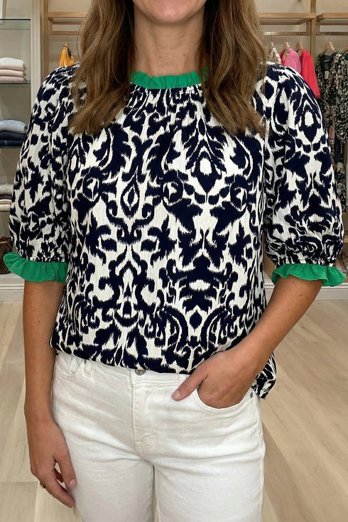 Bohemian Damask Print Ruffled Contrast Trim Half Sleeve Blouse
