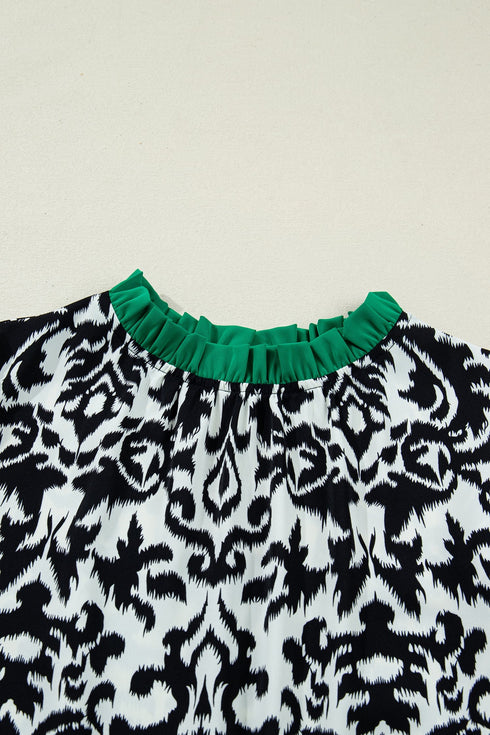 Bohemian Damask Print Ruffled Contrast Trim Half Sleeve Blouse