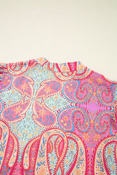 Bohemian Dream Paisley Print Ruffle Sleeve Notch Neck Flowy Dress