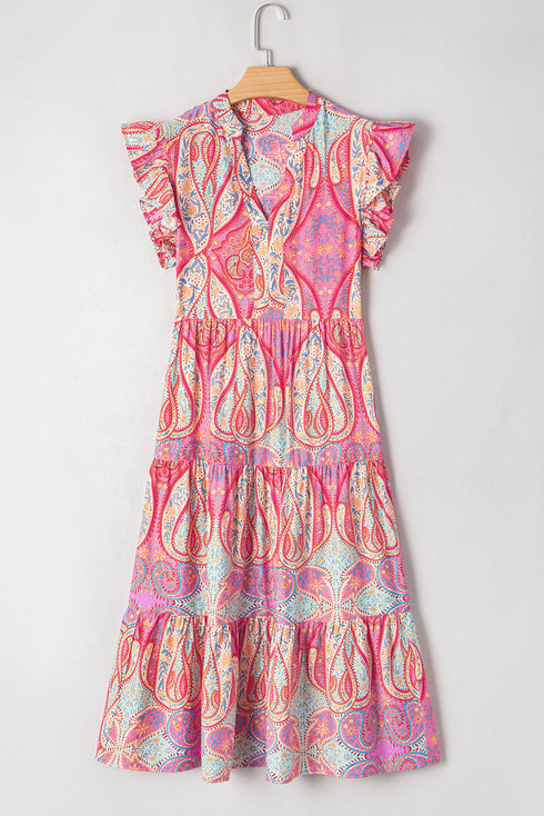 Bohemian Dream Paisley Print Ruffle Sleeve Notch Neck Flowy Dress