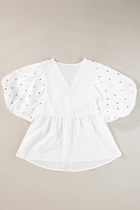 Bohemian Elegance Embroidered Puff Sleeve V-Neck Blouse