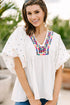 Bohemian Elegance Embroidered Puff Sleeve V-Neck Blouse