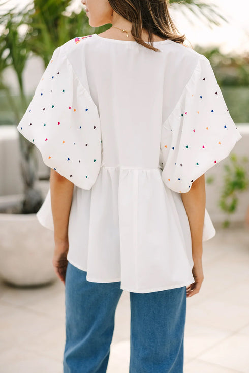 Bohemian Elegance Embroidered Puff Sleeve V-Neck Blouse