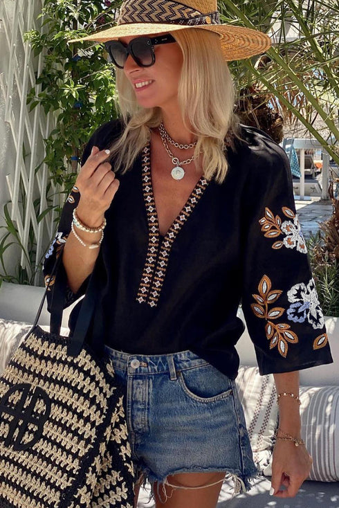 Bohemian Embroidered Floral V Neck Cotton Blouse