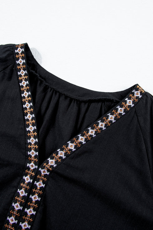 Bohemian Embroidered Floral V Neck Cotton Blouse