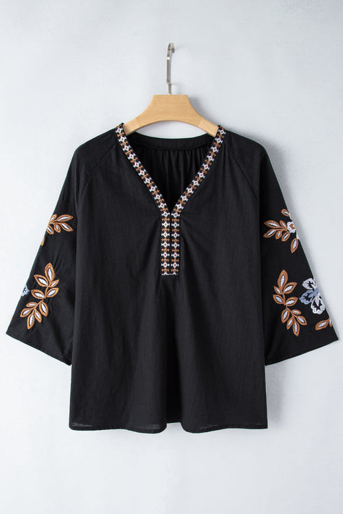 Bohemian Embroidered Floral V Neck Cotton Blouse