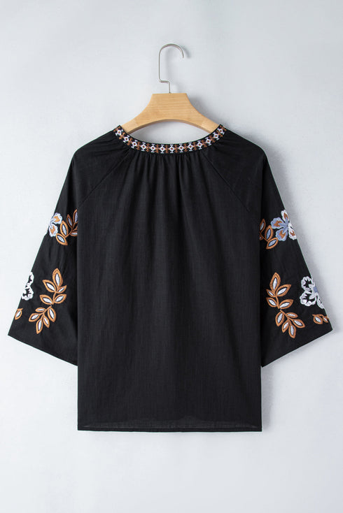 Bohemian Embroidered Floral V Neck Cotton Blouse