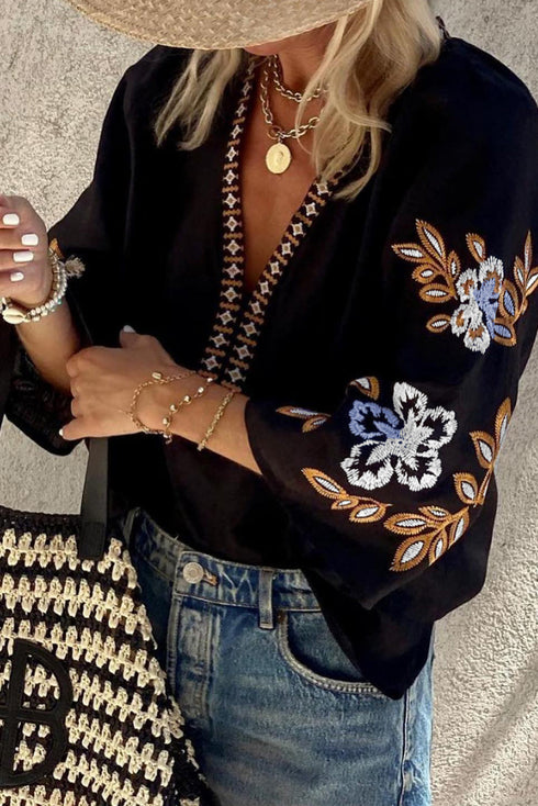 Bohemian Embroidered Floral V Neck Cotton Blouse