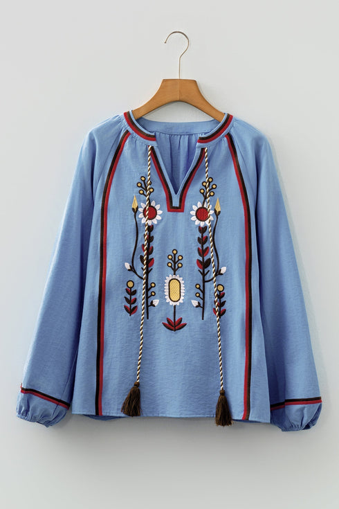Bohemian Embroidered Split Neck Tassel Tie Puff Sleeve Blouse