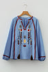 Bohemian Embroidered Split Neck Tassel Tie Puff Sleeve Blouse