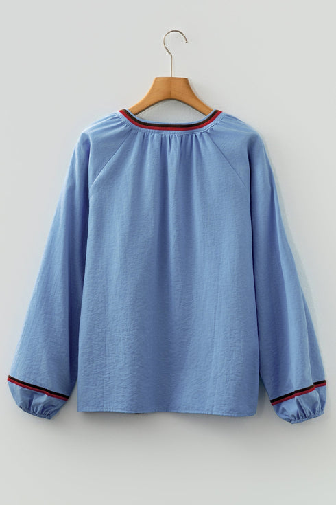 Bohemian Embroidered Split Neck Tassel Tie Puff Sleeve Blouse