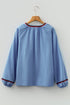 Bohemian Embroidered Split Neck Tassel Tie Puff Sleeve Blouse
