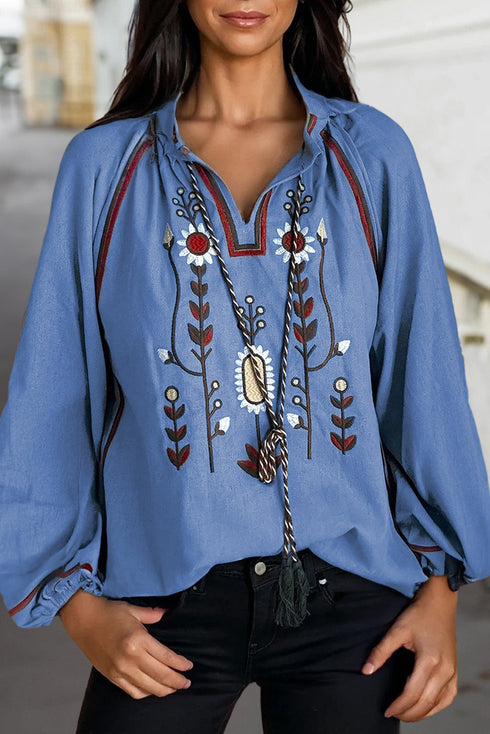 Bohemian Embroidered Split Neck Tassel Tie Puff Sleeve Blouse