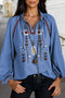 Bohemian Embroidered Split Neck Tassel Tie Puff Sleeve Blouse