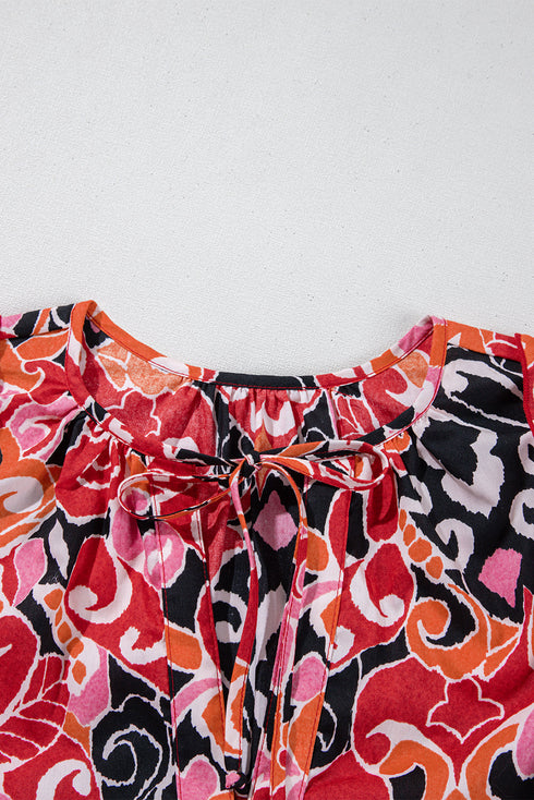 Bohemian Ethnic Inspired Abstract Print Puff Sleeve Split Neck Cotton Blouse