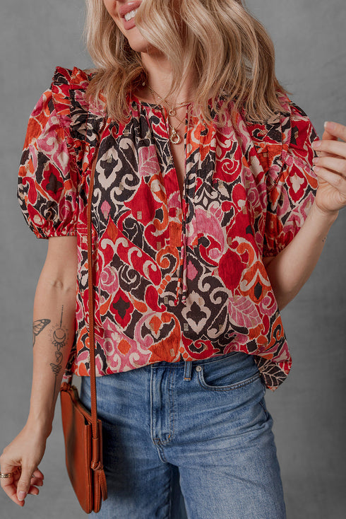 Bohemian Ethnic Inspired Abstract Print Puff Sleeve Split Neck Cotton Blouse