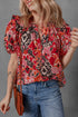 Bohemian Ethnic Inspired Abstract Print Puff Sleeve Split Neck Cotton Blouse