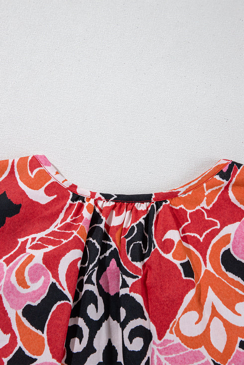 Bohemian Ethnic Inspired Abstract Print Puff Sleeve Split Neck Cotton Blouse