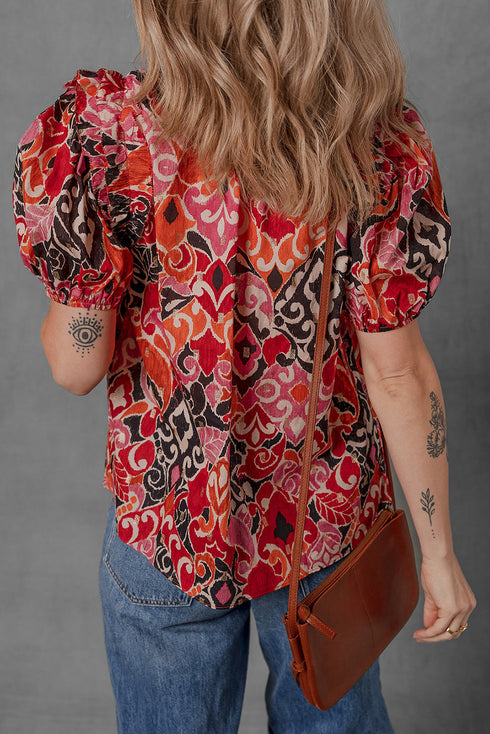 Bohemian Ethnic Inspired Abstract Print Puff Sleeve Split Neck Cotton Blouse