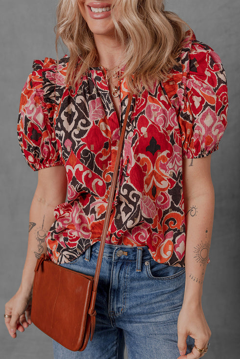 Bohemian Ethnic Inspired Abstract Print Puff Sleeve Split Neck Cotton Blouse