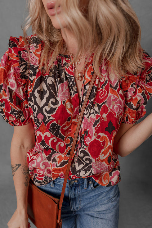 Bohemian Ethnic Inspired Abstract Print Puff Sleeve Split Neck Cotton Blouse