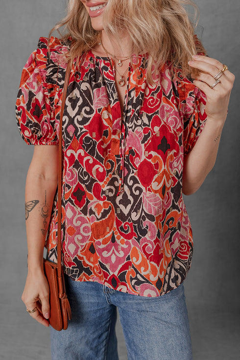 Bohemian Ethnic Inspired Abstract Print Puff Sleeve Split Neck Cotton Blouse