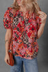 Bohemian Ethnic Inspired Abstract Print Puff Sleeve Split Neck Cotton Blouse