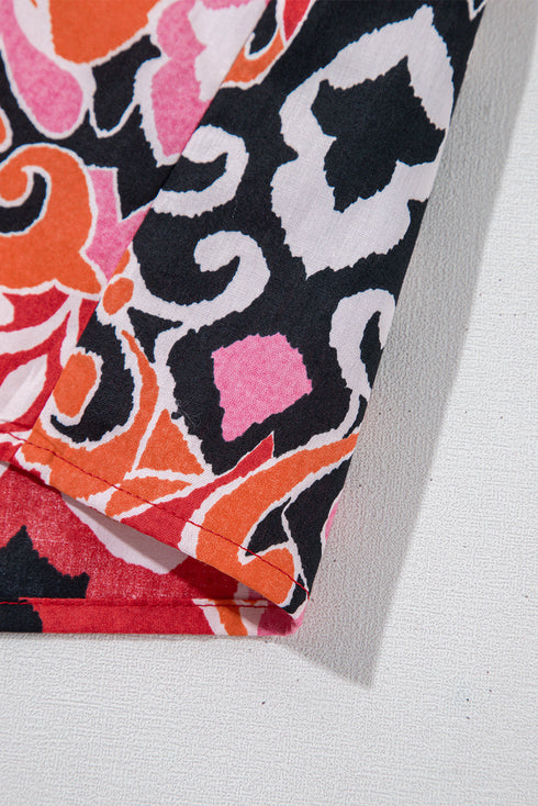 Bohemian Ethnic Inspired Abstract Print Puff Sleeve Split Neck Cotton Blouse