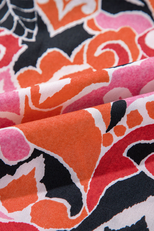 Bohemian Ethnic Inspired Abstract Print Puff Sleeve Split Neck Cotton Blouse