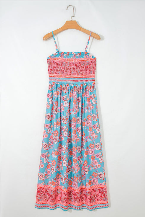 Bohemian Ethnic Print Smocked Spaghetti Strap A Line Maxi Dress