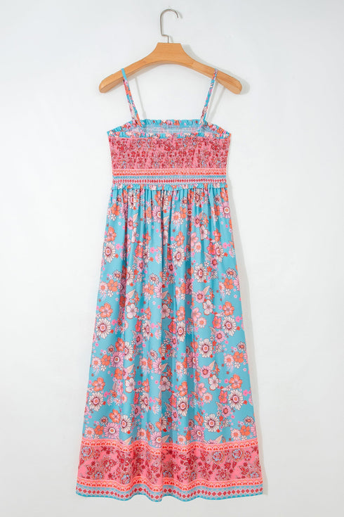 Bohemian Ethnic Print Smocked Spaghetti Strap A Line Maxi Dress