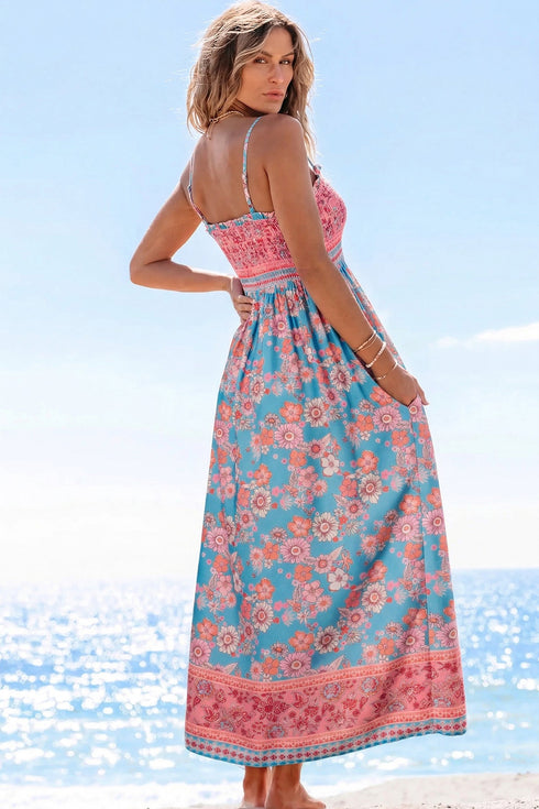 Bohemian Ethnic Print Smocked Spaghetti Strap A Line Maxi Dress