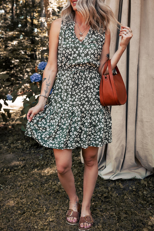 Bohemian Floral All Over Print V Neck Sleeveless Tunic A Line Summer Dress