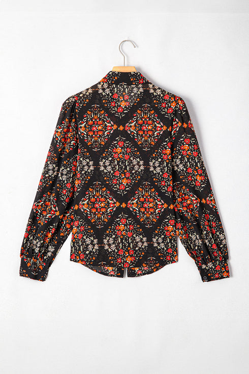 Bohemian Floral Damask Print Statement Sleeve Button Up Shirt