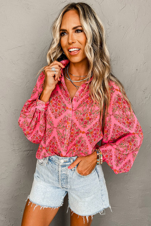 Bohemian Floral Damask Print Statement Sleeve Button Up Shirt
