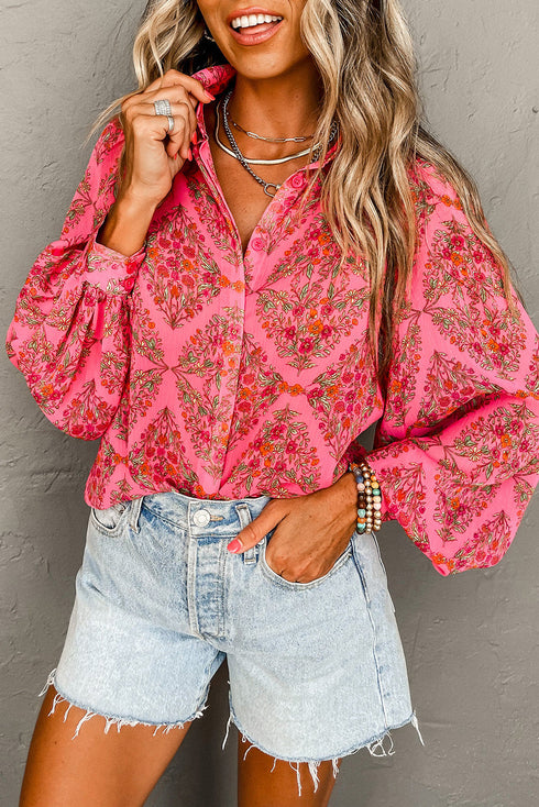 Bohemian Floral Damask Print Statement Sleeve Button Up Shirt