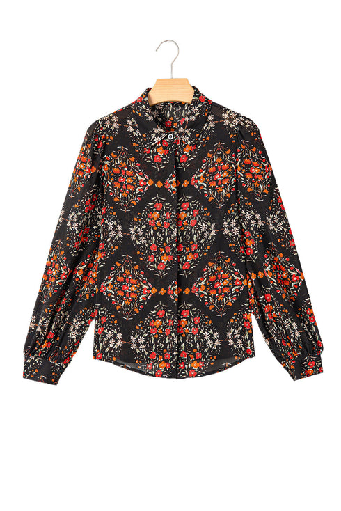 Bohemian Floral Damask Print Statement Sleeve Button Up Shirt