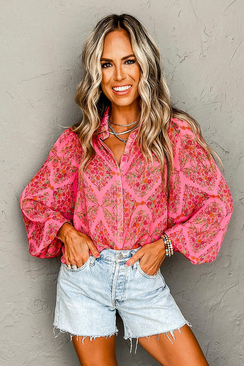 Bohemian Floral Damask Print Statement Sleeve Button Up Shirt