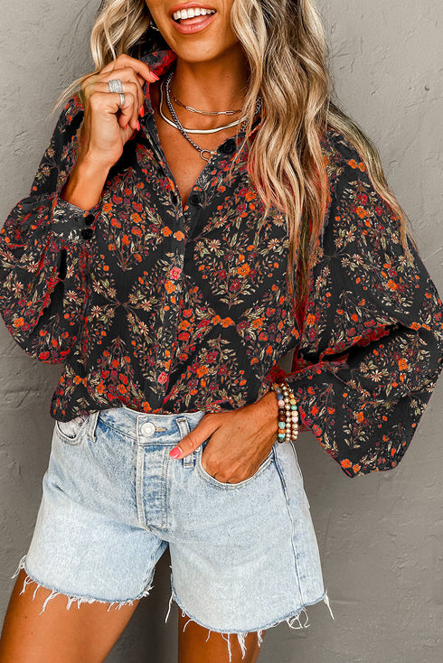 Bohemian Floral Damask Print Statement Sleeve Button Up Shirt