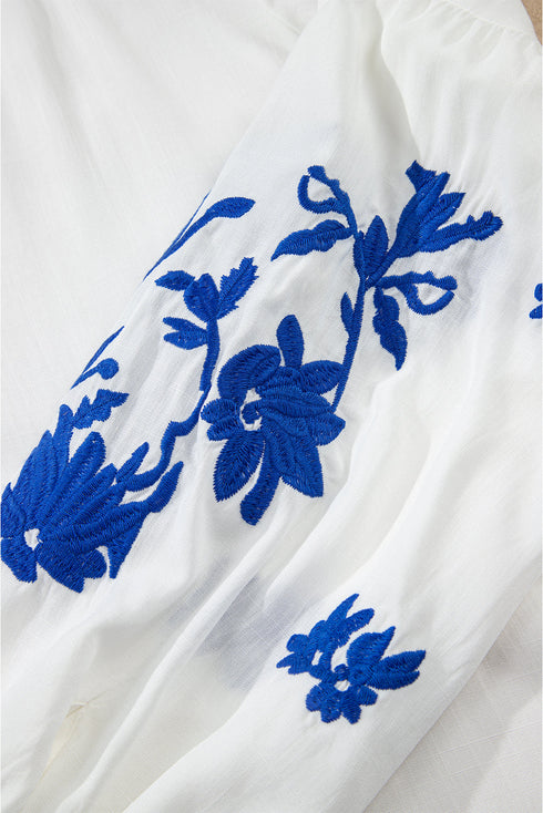Bohemian Floral Embroidered Drawstring Long Sleeve Peasant Blouse