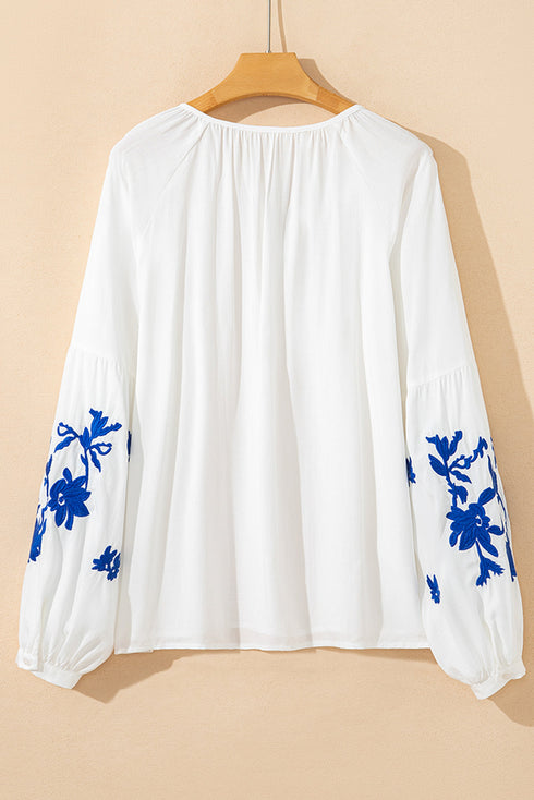 Bohemian Floral Embroidered Drawstring Long Sleeve Peasant Blouse