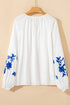 Bohemian Floral Embroidered Drawstring Long Sleeve Peasant Blouse