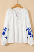 Bohemian Floral Embroidered Drawstring Long Sleeve Peasant Blouse