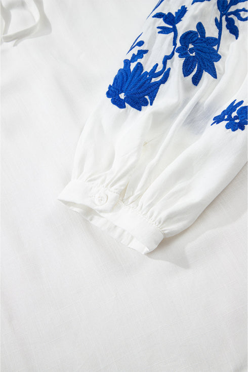 Bohemian Floral Embroidered Drawstring Long Sleeve Peasant Blouse