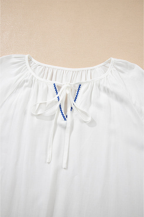 Bohemian Floral Embroidered Drawstring Long Sleeve Peasant Blouse