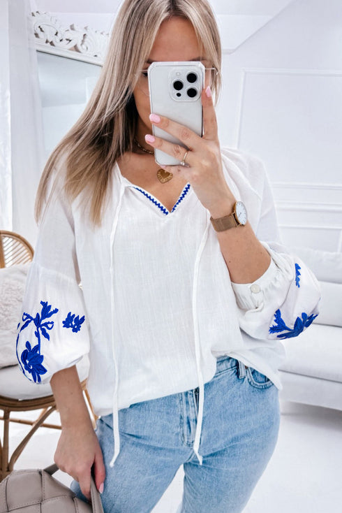 Bohemian Floral Embroidered Drawstring Long Sleeve Peasant Blouse