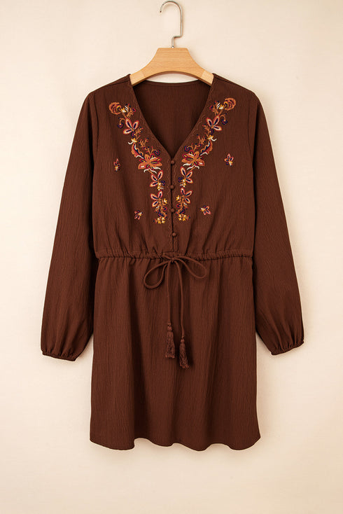 Bohemian Floral Embroidered Tassel Tie Waist Long Sleeve Mini Dress