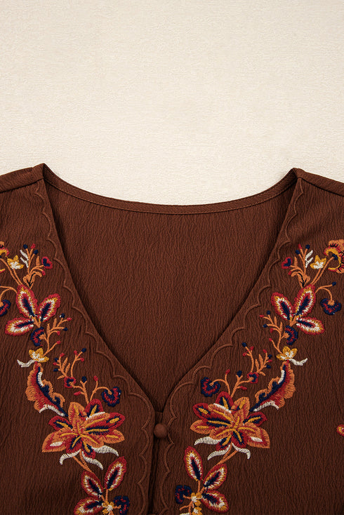 Bohemian Floral Embroidered Tassel Tie Waist Long Sleeve Mini Dress