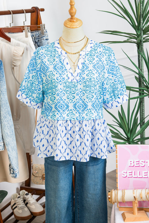 Bohemian Floral Geometric Patchwork Puff Sleeve Babydoll Blouse